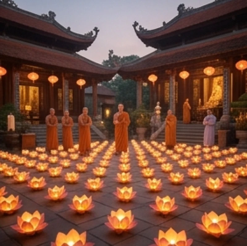Văn khấn cầu con Quan Âm: Bài cúng chuẩn và nghi lễ cầu tự 2 Không gian chánh điện thanh tịnh ngập tràn ánh sáng đèn hoa đăng trong ngày vía Quan Âm Bồ Tát