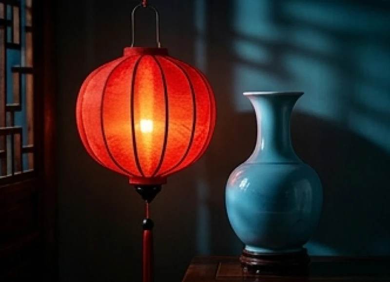 Sự đối nghịch năng lượng Thủy Hỏa được thể hiện qua gam màu nóng lạnh trong trang trí mâm quả