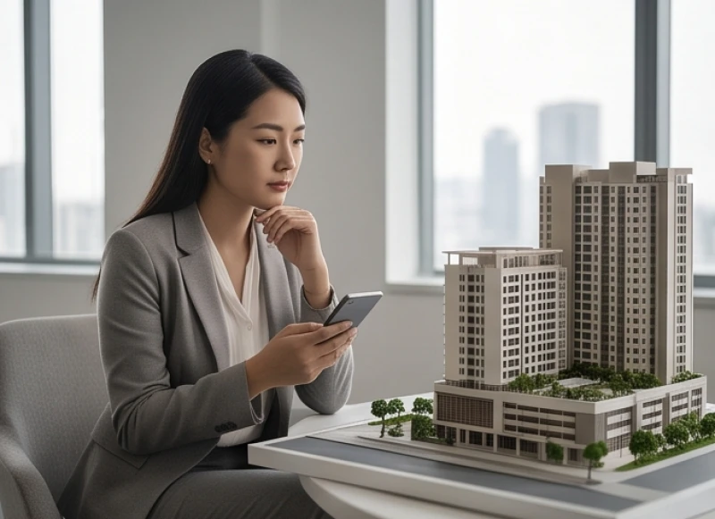 Chuyên viên môi giới đang trầm tư cầm chiếc điện thoại bên cạnh mô hình dự án bất động sản trong không gian phòng họp