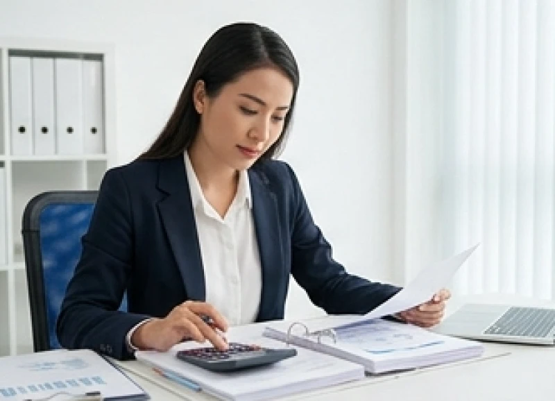 Nữ nhân viên kế toán đang làm việc tập trung cao độ với các con số trên bàn làm việc