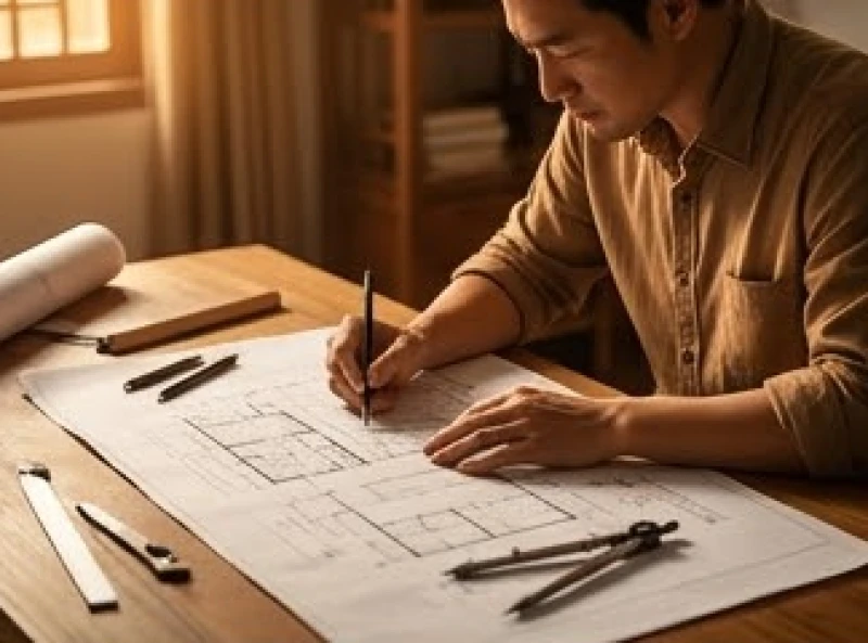 Kiến trúc sư đang cẩn thận thiết kế bản vẽ xây dựng trên chiếc bàn làm việc bằng gỗ