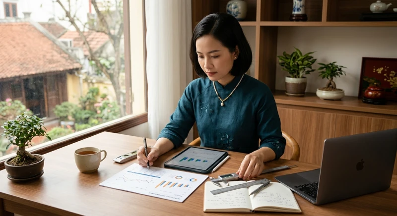 Một người đang hăng say làm việc với các bảng biểu tài chính minh họa cho ngành nghề thuộc hành Kim