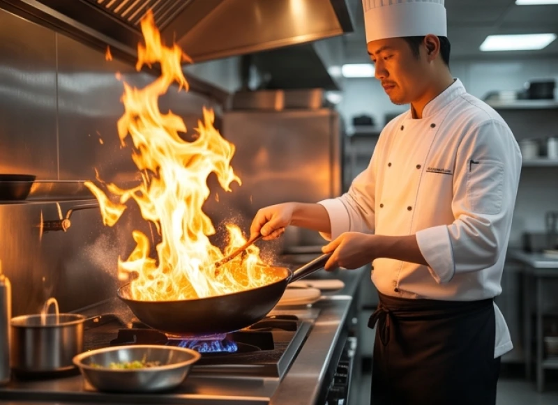 Đầu bếp đang chế biến món ăn trên ngọn lửa lớn tượng trưng cho môi trường làm việc lý tưởng của người Lư Trung Hỏa