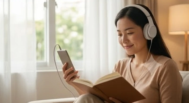 Mơ thấy nói tiếng Anh: Điềm báo tâm lý và cơ chế não bộ 8 Người phụ nữ đeo tai nghe chăm chú thưởng thức podcast trong lúc ngồi đọc sách bên khung cửa sổ