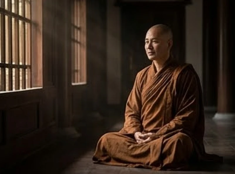 Vị sư thầy đáng kính mặc áo cà sa đang ngồi tĩnh tọa và nhẹ nhàng ban những lời khuyên thông thái tại chánh điện