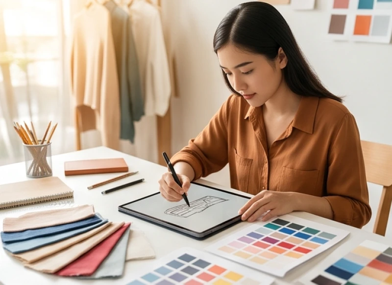 Nhà thiết kế trẻ đang phác thảo ý tưởng thiết kế thời trang và đồ họa tại một studio