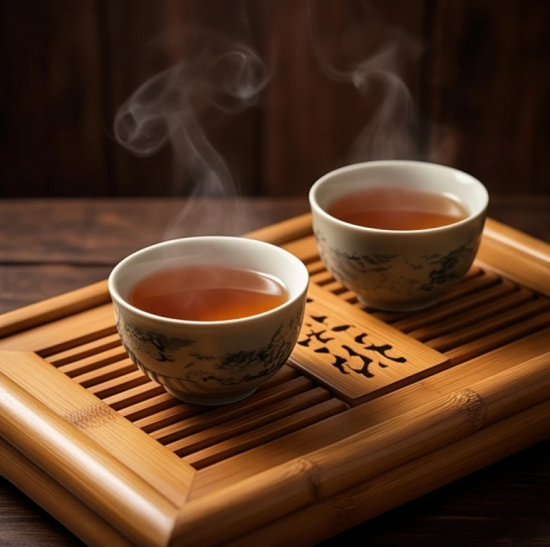 Hai tách trà đạo đang tỏa khói ấm áp trên chiếc khay tre truyền thống tượng trưng cho sự gắn kết