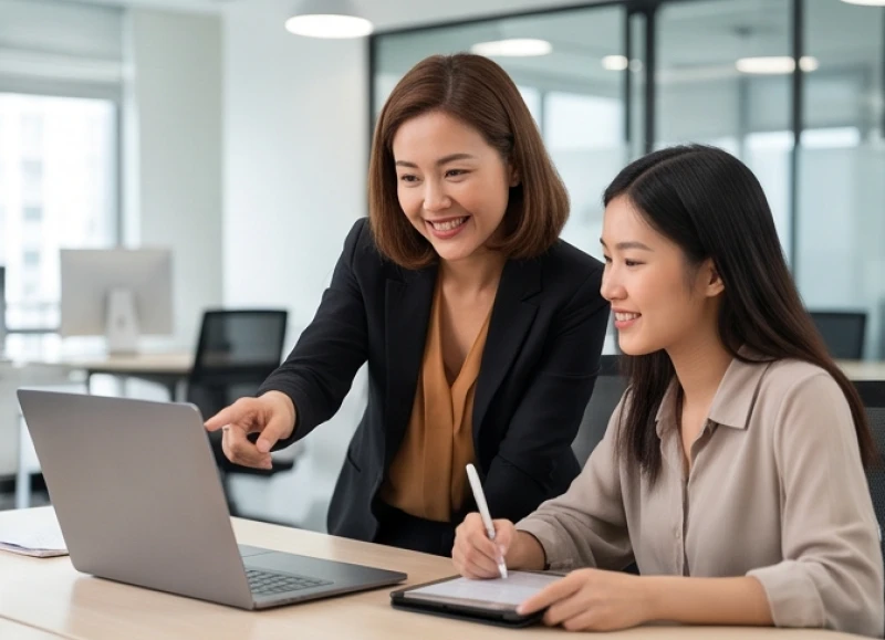 Người quản lý giao việc và hướng dẫn công việc cho nhân viên cấp dưới một cách thân thiện