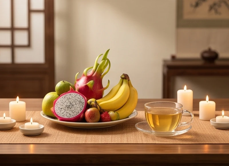 Mâm lễ vật giản dị với hoa quả và nến sáng dùng để cúng nghênh sao Mộc Đức