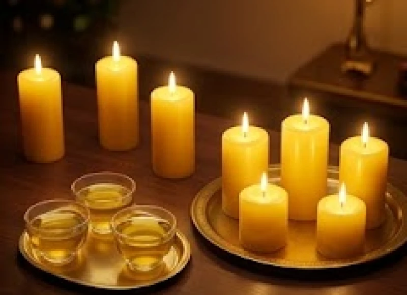 Bảy ngọn nến vàng lung linh cùng chén trà trong vắt trên mâm lễ nghênh đón Thái Âm tinh quân
