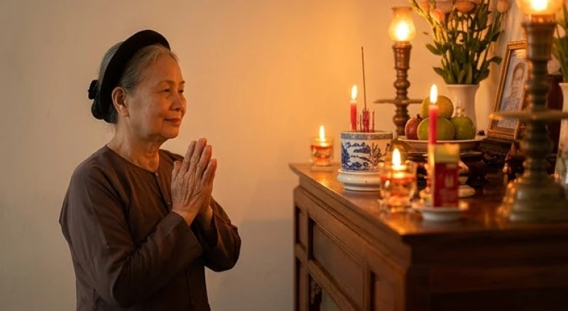 Lão bà thành kính chắp tay trước hương án nghênh đón cát tinh Thái Âm