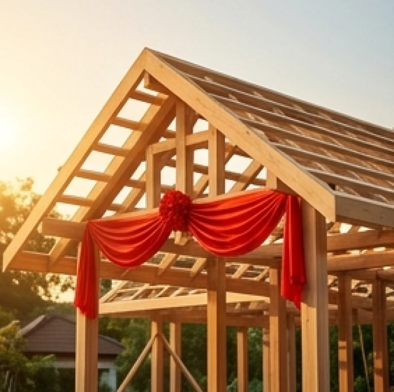 Kiến trúc mái nhà bằng gỗ được trang trí vải đỏ trong ngày cất nóc
