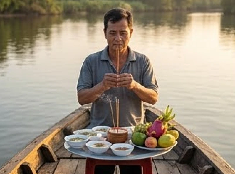 Văn khấn Bà Cậu tại ghe thuyền: Bài cúng chuẩn và vị trí dâng lễ 1 Thuyền trưởng thắp hương vái lạy tại mũi ghe chuẩn bị cho chuyến đi biển mới với mâm cúng thịnh soạn