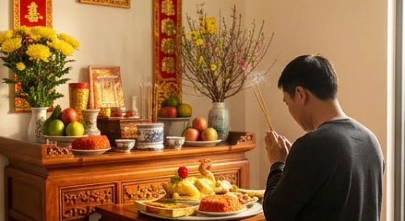 Gia chủ đang chắp tay đứng trước ban thờ thực hiện nghi thức cúng tạ lễ và hóa vàng mùng 4 Tết