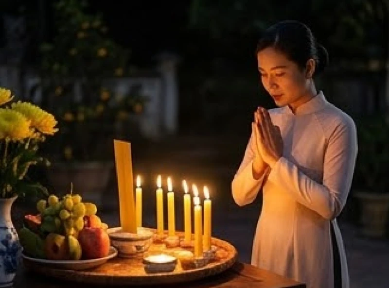 Văn khấn sao Thái Âm tại nhà: Sơ đồ 7 nến & bài cúng chuẩn 1 Người phụ nữ chắp tay thành kính thực hiện nghi lễ cúng sao Thái Âm vào buổi tối