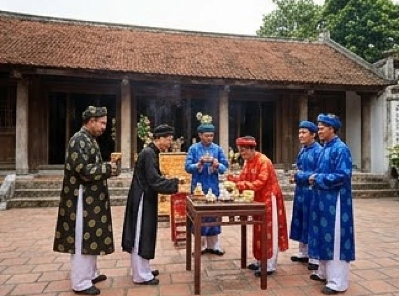 Cảnh các bậc cao niên mặc áo dài khăn đóng thực hiện nghi thức tế lễ trang trọng tại sân đình làng