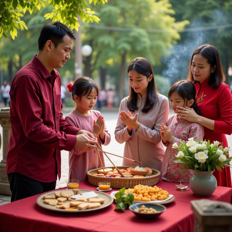 Gia đình làm lễ cúng ngoài trời