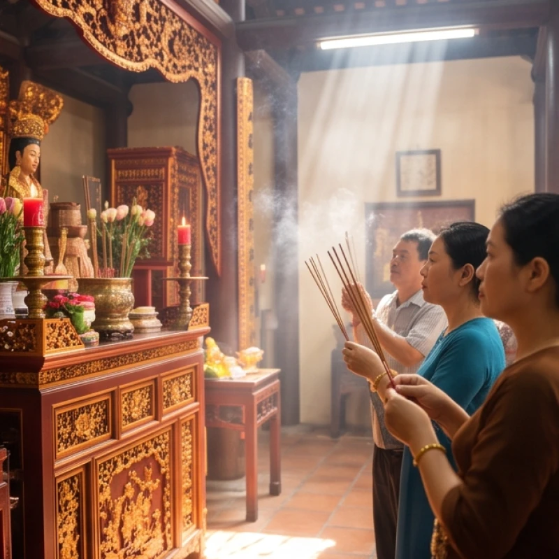 Người dân đi lễ và dâng hương tại không gian linh thiêng của đền Tứ Phủ Công Đồng