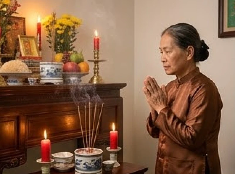 Gia chủ thành kính chắp tay đứng trước bàn thờ gia tiên chuẩn bị đọc bài văn khấn chuyển bàn thờ
