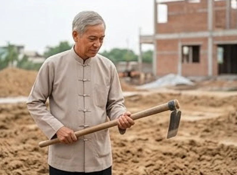 Tuổi Tuất năm 2027 có phạm Thái Tuế không: cách cúng bài bản 9 Người lớn tuổi đại diện gia chủ đang cầm cuốc gõ xuống mặt đất trong lễ động thổ