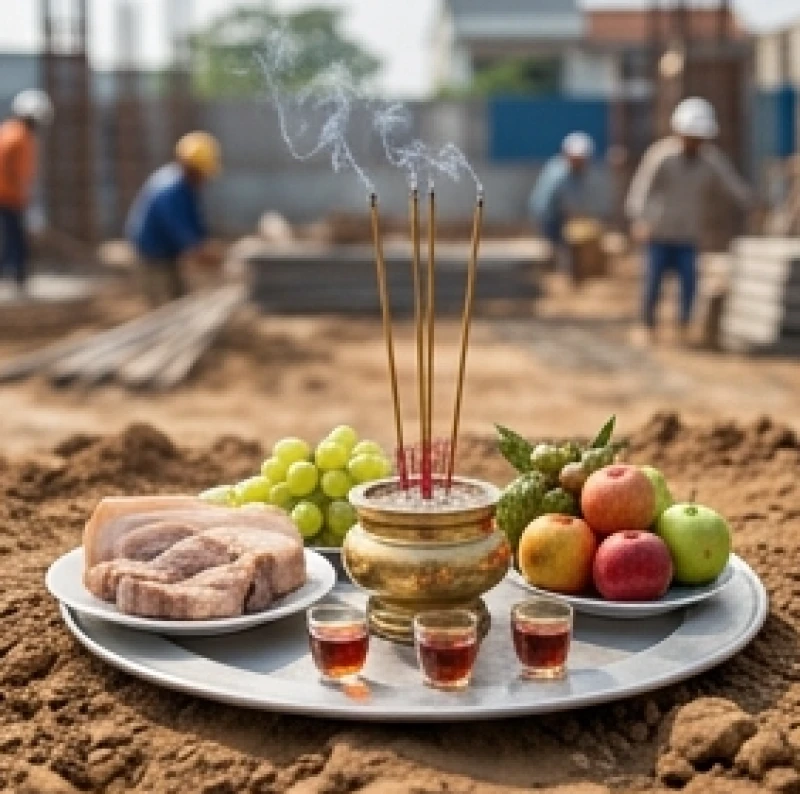 Văn khấn mượn tuổi làm nhà: Trình tự bài bản và mẫu giấy tờ 2 Bát nhang và mâm lễ cúng động thổ được đặt trang trọng giữa khu đất chuẩn bị thi công