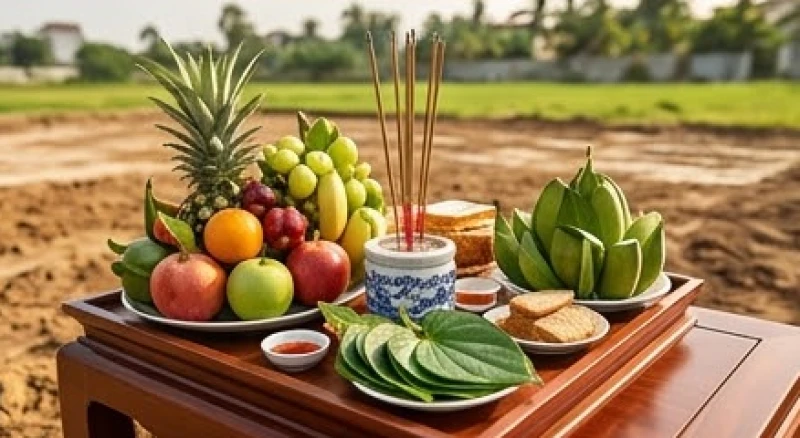 Mâm cúng động thổ tươm tất với hoa quả và rượu trầu được chuẩn bị kỹ lưỡng trên nền đất trống