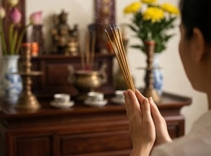 Gia chủ chắp tay thành kính thực hiện nghi lễ tạ ơn tổ tiên trước không gian bàn thờ ấm cúng