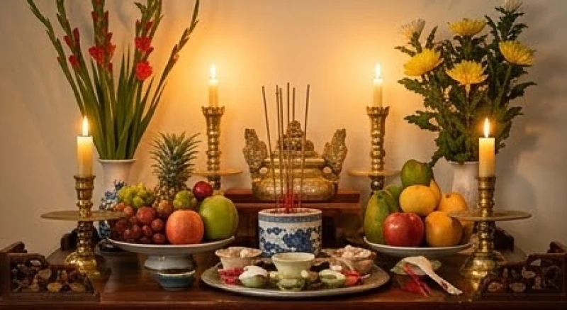 Xem ngày tốt xấu là gì: 3 yếu tố cốt lõi và cách hóa giải 2 Mâm lễ vật cúng truyền thống được chuẩn bị tươm tất trong một không gian mang đậm nét văn hóa Việt
