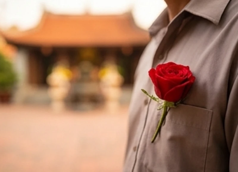 Văn khấn lễ Vu Lan cầu siêu: Bài cúng chuẩn và giờ hoàng đạo 1 Bông hoa hồng đỏ được cài trang trọng trên áo trong đại lễ Vu Lan báo hiếu