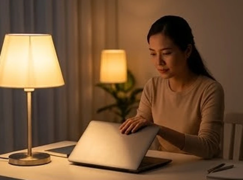 Sức khỏe tuổi Ngọ: Phác đồ dưỡng sinh và bố trí không gian 3 Người phụ nữ gấp máy tính xách tay để kết thúc công việc vào buổi tối trước giờ ngủ