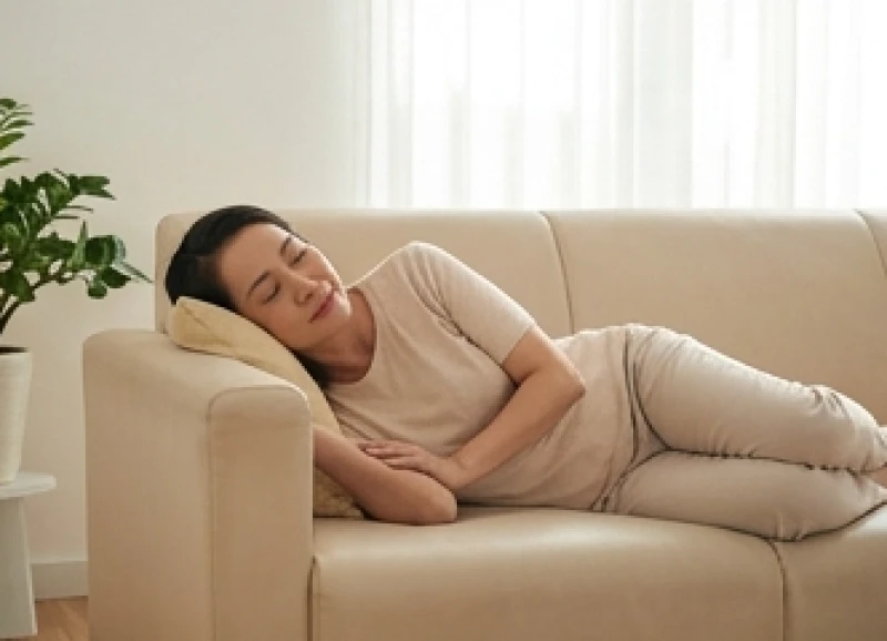 Sức khỏe tuổi Tý năm 2027: Đánh giá từng nạp âm và phòng ngừa 9 Người phụ nữ nằm nhắm mắt thư giãn trên ghế sofa êm ái để phục hồi năng lượng sau ngày dài