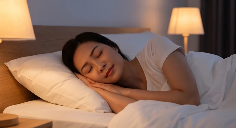Một phụ nữ đang nằm thư giãn nhắm mắt trên giường ngủ êm ái để phục hồi thể chất và hệ miễn dịch