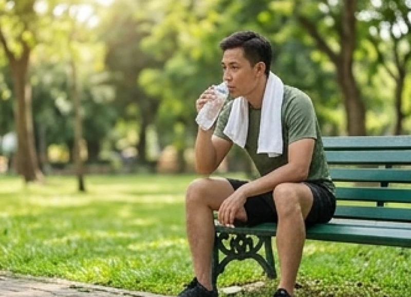 Vận động viên nghiệp dư ngồi nghỉ ngơi và theo dõi nhịp tim sau một buổi tập luyện cường độ trung bình