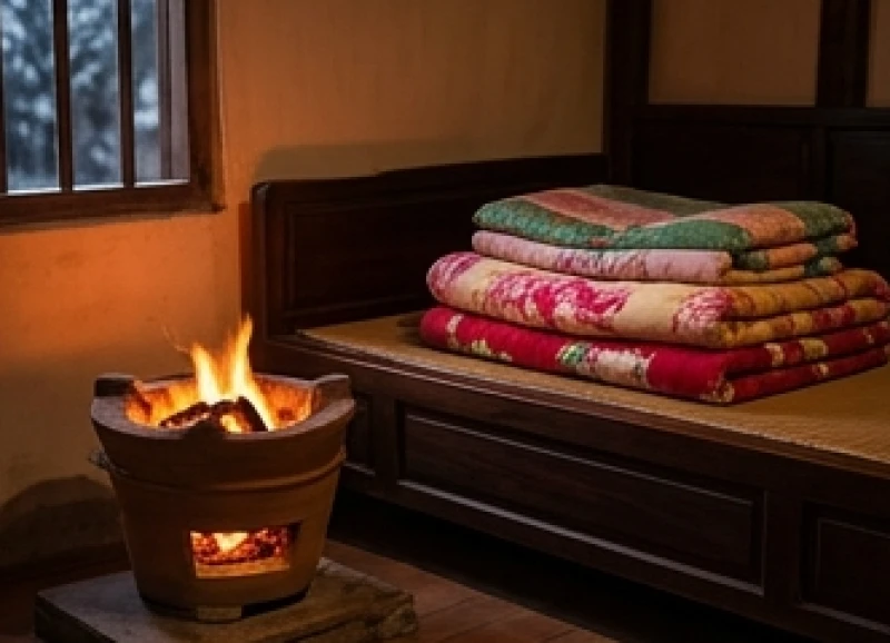 Chiếc chăn bông ấm áp và bếp than hồng rực lửa trong một căn phòng mộc mạc