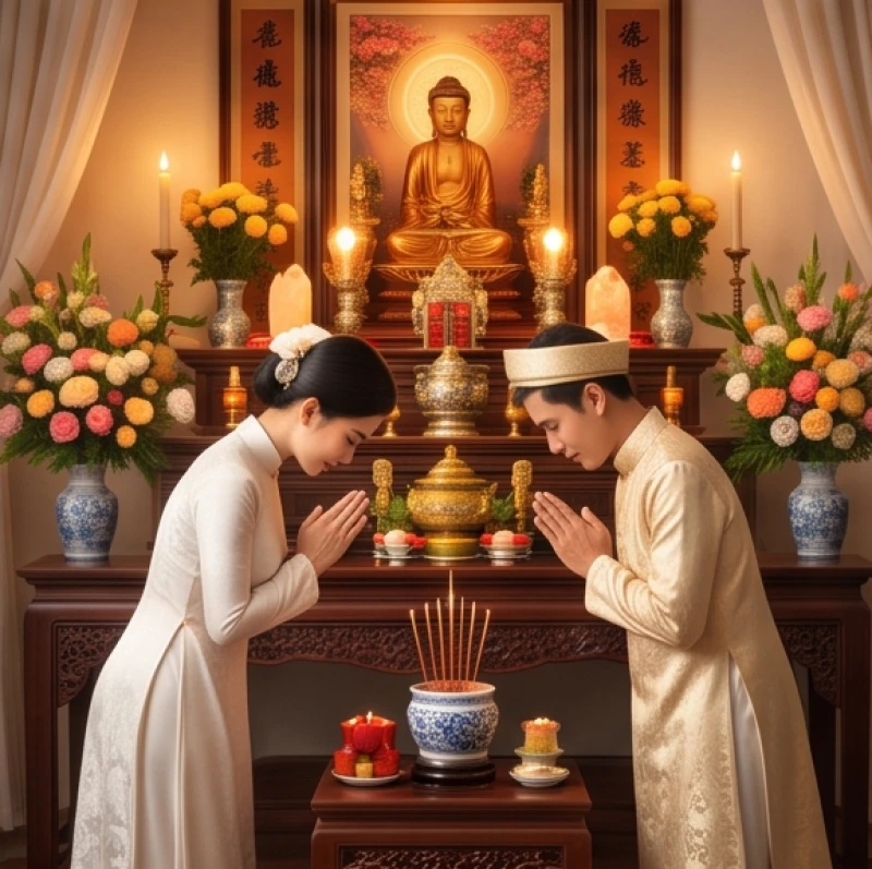 Cô dâu và chú rể đang cung kính thực hiện nghi thức bái gia tiên trước bàn thờ được trang hoàng hoa trang trọng