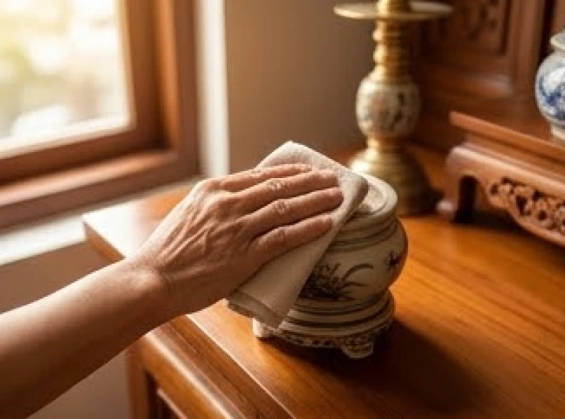Gia chủ đọc văn khấn bao sái bàn thờ gia tiên và lau dọn đồ thờ cúng dịp cuối năm