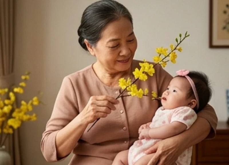 Người bà cầm nhánh hoa tươi lướt nhẹ qua miệng cháu gái trong nghi thức khai hoa truyền thống