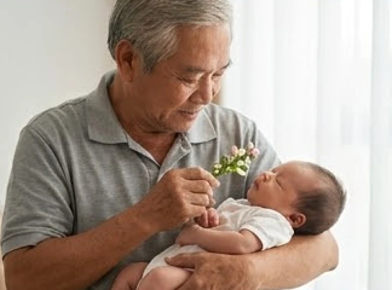 Ông ngoại bồng em bé sơ sinh và cầm nhành hoa quơ nhẹ qua miệng để thực hiện nghi thức khai hoa