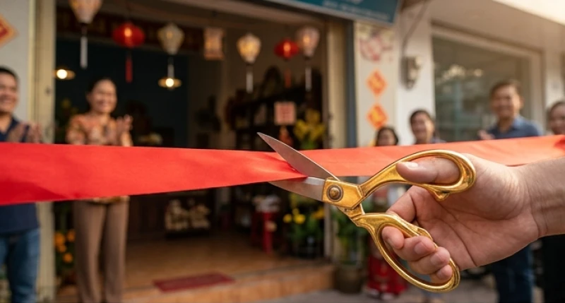 Chủ tiệm cầm dải ruy băng đỏ và chiếc kéo vàng sẵn sàng cho khoảnh khắc cắt băng đầy tự hào