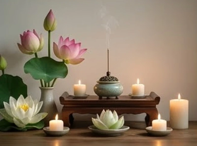 Bàn lễ nhỏ với hoa tươi và nến sáng lung linh được chuẩn bị để thực hiện nghi thức cầu bình an