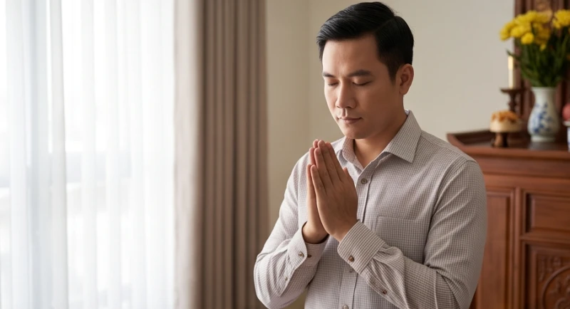 Người đàn ông mặc áo sơ mi lịch sự chắp tay khấn vái thành tâm trước ban thờ gia đình