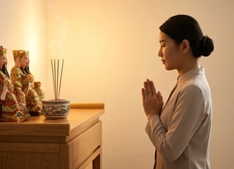 Gia chủ thành kính chắp tay ngang ngực, tĩnh tâm đọc bài khấn an vị trước không gian thờ tự yên tĩnh