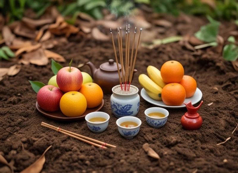 Mâm lễ vật chuẩn bị cho nghi thức cúng bái cáo yết Thổ Thần trước khi tiến hành đào móng xây nhà