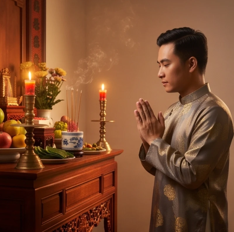 Người đàn ông mặc áo dài truyền thống chắp tay trang nghiêm trước ban thờ gia tiên
