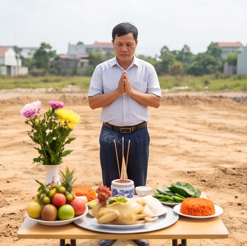 Gia chủ đang đứng chắp tay trang nghiêm trước mâm cúng để đọc văn khấn đào móng nhà