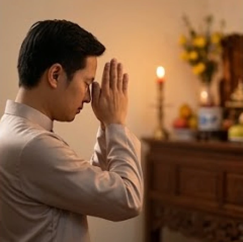 Người hành lễ mặc trang phục kín đáo chắp tay thành kính vái lạy trước bàn thờ