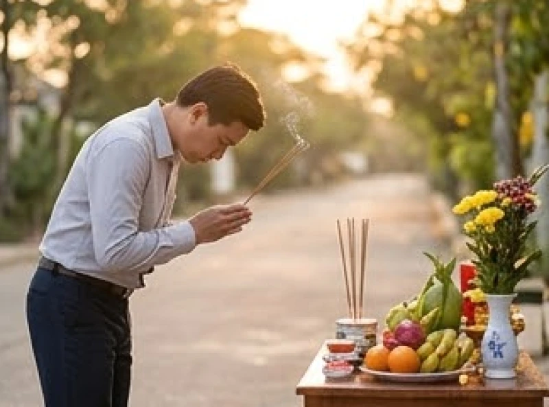 Bái vọng phương vị linh thần Thái Tuế ngoài trời với mâm cúng được bày biện tươm tất