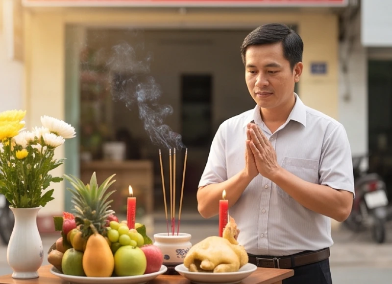 Chủ cửa hàng chắp tay thành kính đọc bài khấn trước bàn cúng khai trương