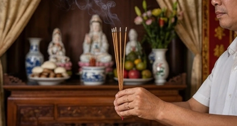 Người chủ gia đình chắp tay thành kính dâng hương trước mâm lễ tạ Thổ Công Thổ Địa