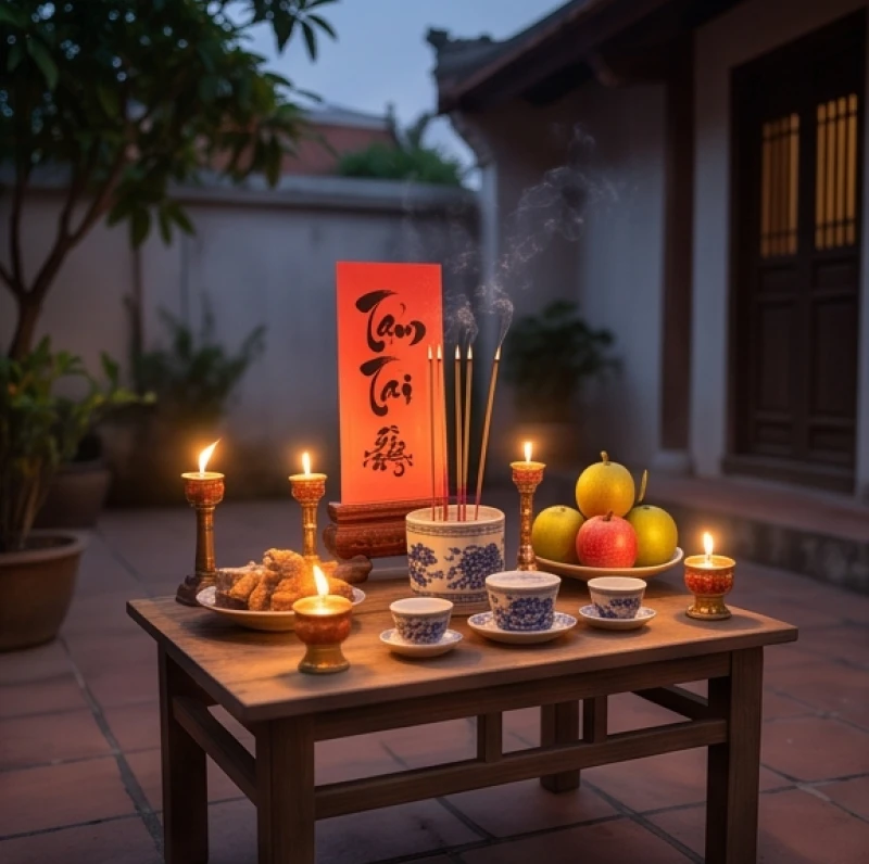 Văn khấn giải hạn Tam Tai đầu năm: Mẫu bài cúng và thủ tục xả hạn 1 Bàn thờ nhỏ bày lễ vật cúng giải hạn được đặt ngoài trời vào buổi tối cùng nhang đèn đang cháy sáng